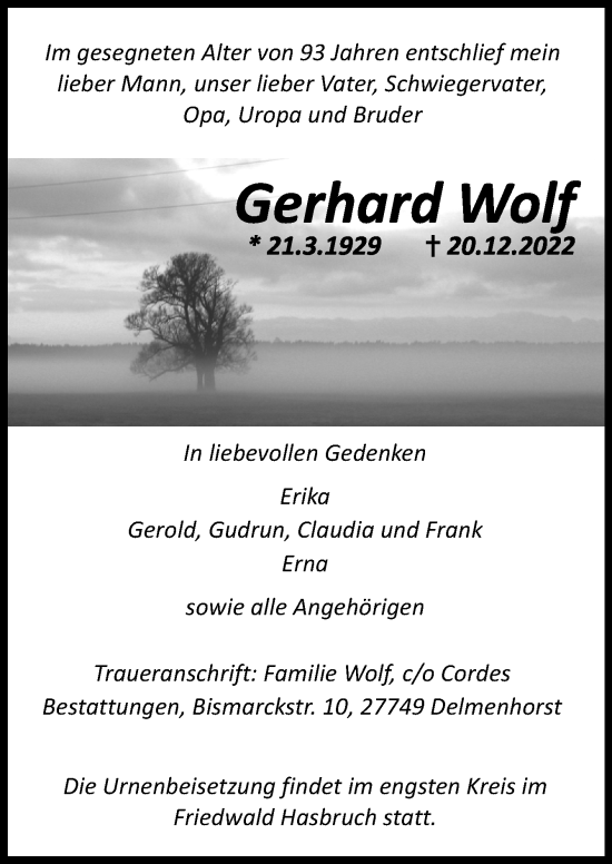 Traueranzeige von Gerhard Wolf von DK Medien GmbH & Co. KG