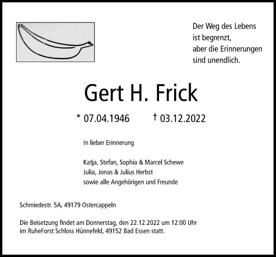 Traueranzeige von Gert H. Frick von Neue Osnabrücker Zeitung GmbH & Co. KG