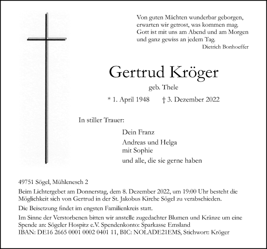 Traueranzeige von Gertrud Kröger von Neue Osnabrücker Zeitung GmbH & Co. KG