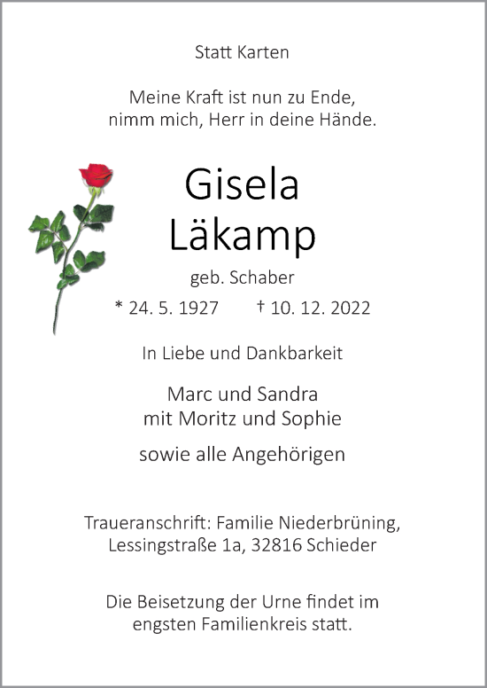 Traueranzeige von Gisela Läkamp von Neue Osnabrücker Zeitung GmbH & Co. KG