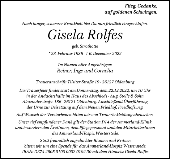 Traueranzeige von Gisela Rolfes von Neue Osnabrücker Zeitung GmbH & Co. KG