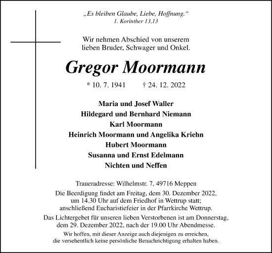 Traueranzeige von Gregor Moormann von Neue Osnabrücker Zeitung GmbH & Co. KG