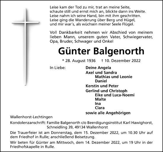 Traueranzeige von Günter Balgenorth von Neue Osnabrücker Zeitung GmbH & Co. KG