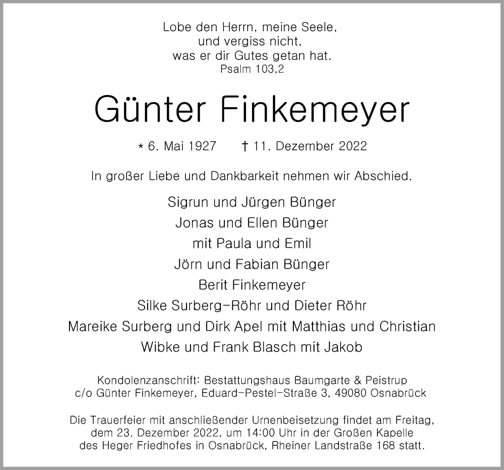  Traueranzeige für Günter Finkemeyer vom 17.12.2022 aus Neue Osnabrücker Zeitung GmbH & Co. KG