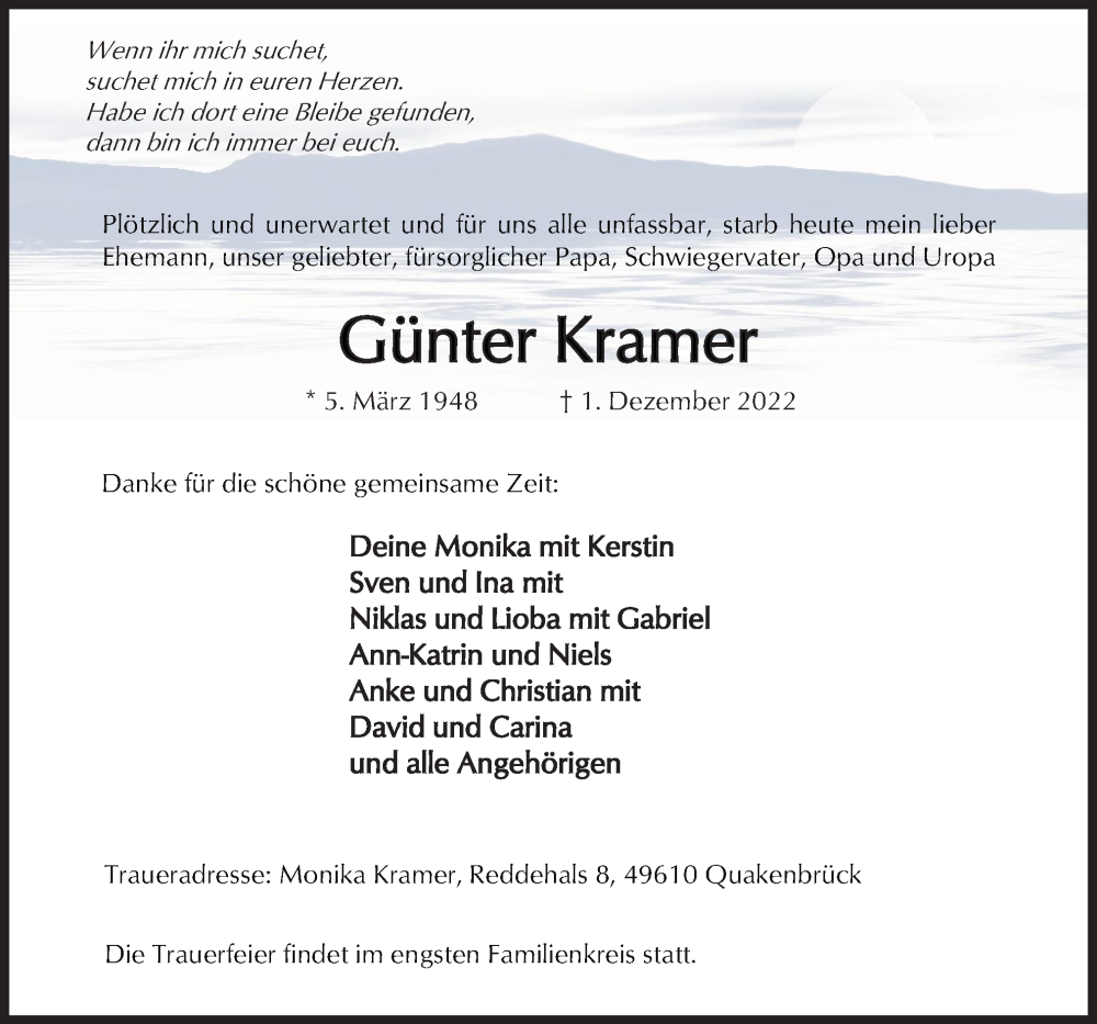  Traueranzeige für Günter Kramer vom 07.12.2022 aus Neue Osnabrücker Zeitung GmbH & Co. KG