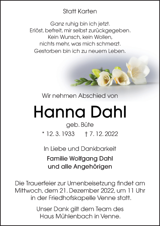 Traueranzeige von Hanna Dahl von Neue Osnabrücker Zeitung GmbH & Co. KG