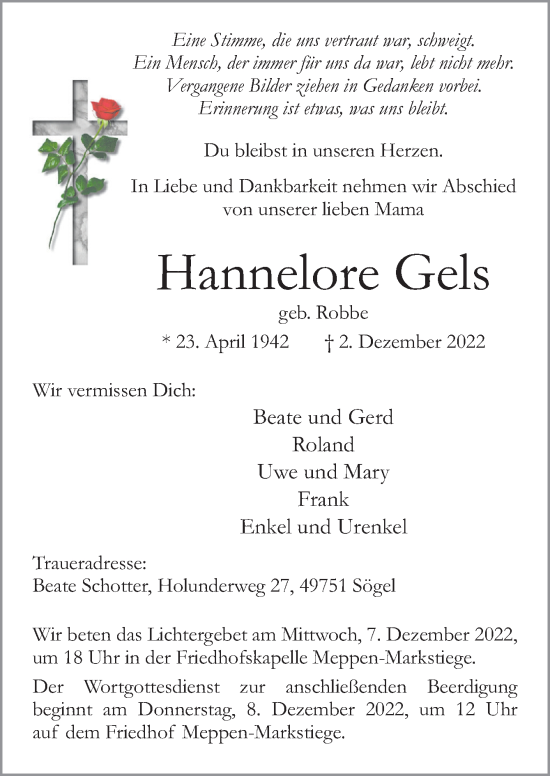 Traueranzeige von Hannelore Gels von Neue Osnabrücker Zeitung GmbH & Co. KG