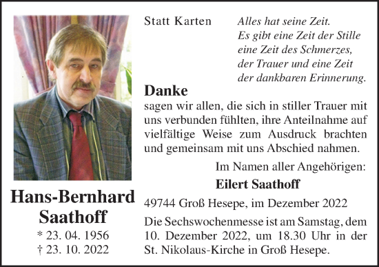 Traueranzeige von Hans-Bernhard Saathoff von Neue Osnabrücker Zeitung GmbH & Co. KG