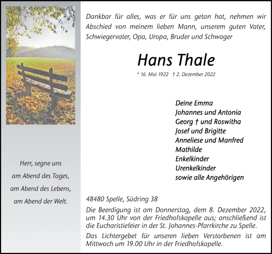 Traueranzeige von Hans Thale von Neue Osnabrücker Zeitung GmbH & Co. KG