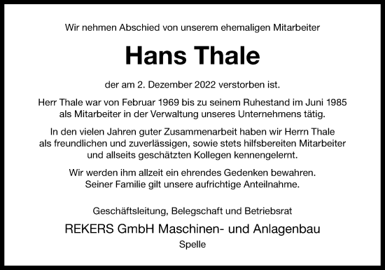 Traueranzeige von Hans Thale von Neue Osnabrücker Zeitung GmbH & Co. KG