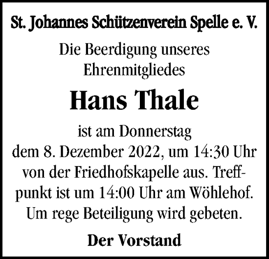 Traueranzeige von Hans Thale von Neue Osnabrücker Zeitung GmbH & Co. KG