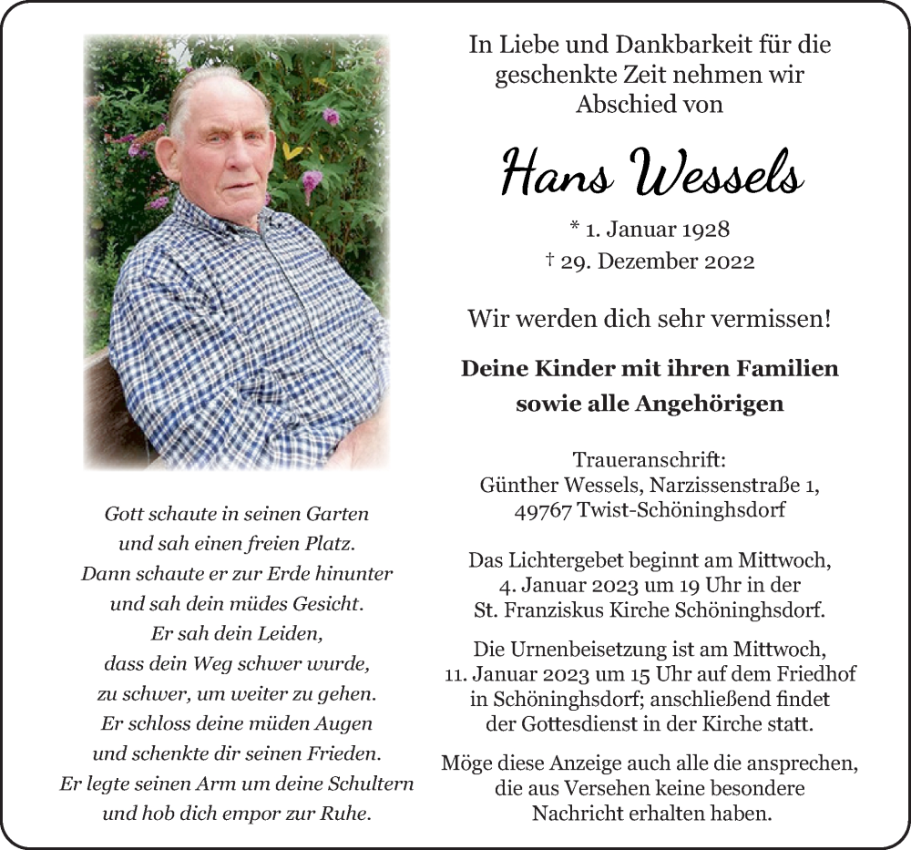  Traueranzeige für Hans Wessels vom 31.12.2022 aus Neue Osnabrücker Zeitung GmbH & Co. KG