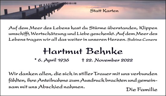 Traueranzeige von Hartmut Behnke von Neue Osnabrücker Zeitung GmbH & Co. KG