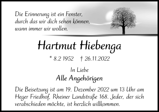 Traueranzeige von Hartmut Hiebenga von Neue Osnabrücker Zeitung GmbH & Co. KG