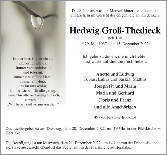 Traueranzeige von Hedwig Groß-Thedieck von Neue Osnabrücker Zeitung GmbH & Co. KG