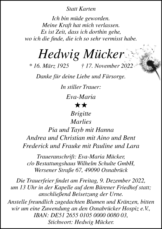 Traueranzeige von Hedwig Mücker von Neue Osnabrücker Zeitung GmbH & Co. KG