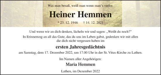 Traueranzeige von Heiner Hemmen von Neue Osnabrücker Zeitung GmbH & Co. KG