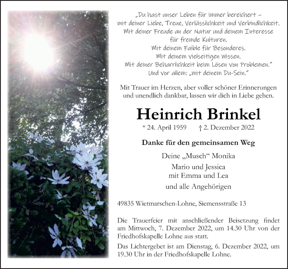 Traueranzeige für Heinrich Brinkel vom 05.12.2022 aus Neue Osnabrücker Zeitung GmbH & Co. KG