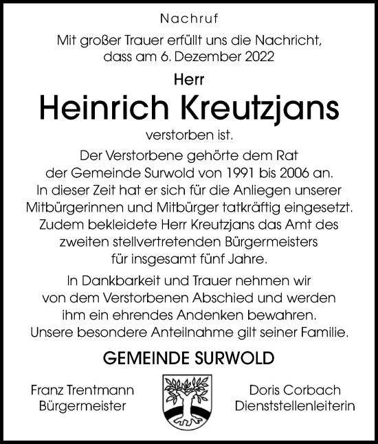 Traueranzeige von Heinrich Kreutzjans von Neue Osnabrücker Zeitung GmbH & Co. KG