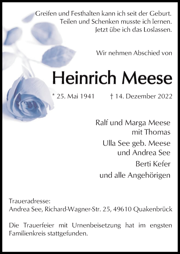  Traueranzeige für Heinrich Meese vom 31.12.2022 aus Neue Osnabrücker Zeitung GmbH & Co. KG