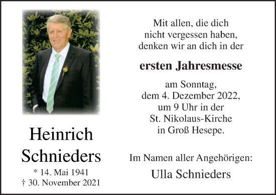 Traueranzeige von Heinrich Schnieders von Neue Osnabrücker Zeitung GmbH & Co. KG