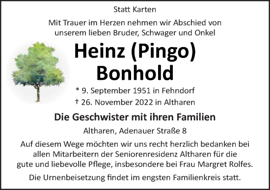 Traueranzeige von Heinz Bonhold von Neue Osnabrücker Zeitung GmbH & Co. KG