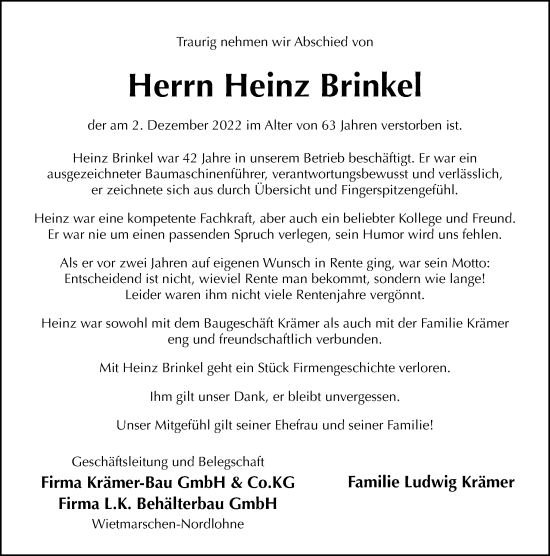 Traueranzeige von Heinz Brinkel von Neue Osnabrücker Zeitung GmbH & Co. KG