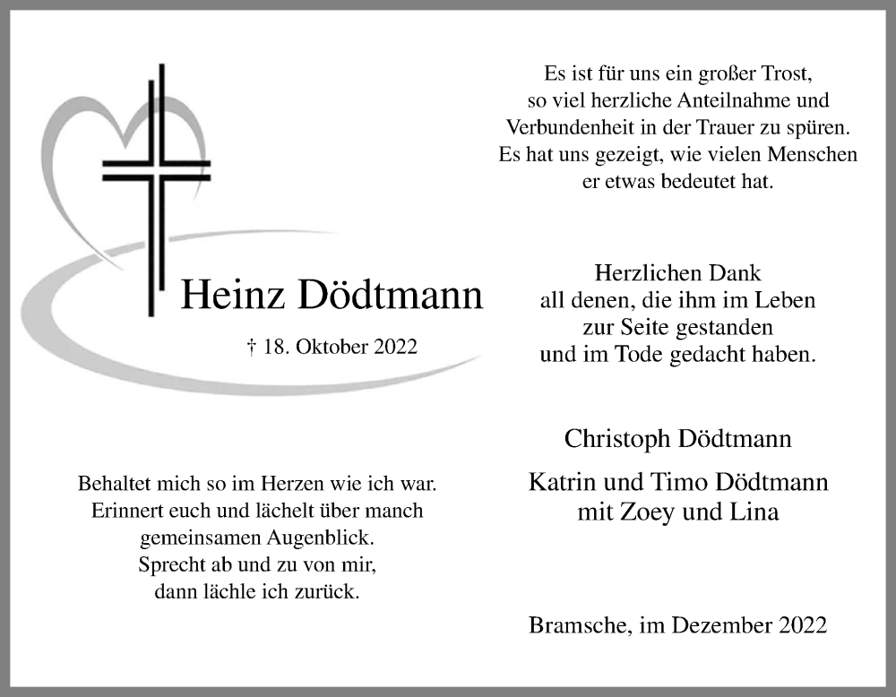  Traueranzeige für Heinz Dödtmann vom 03.12.2022 aus Neue Osnabrücker Zeitung GmbH & Co. KG