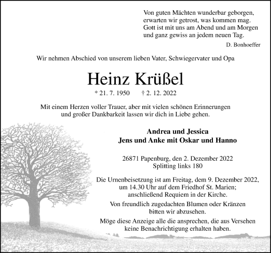 Traueranzeige von Heinz Krüßel von Neue Osnabrücker Zeitung GmbH & Co. KG