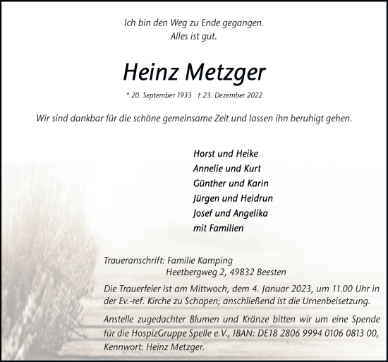 Traueranzeige von Heinz Metzger von Neue Osnabrücker Zeitung GmbH & Co. KG