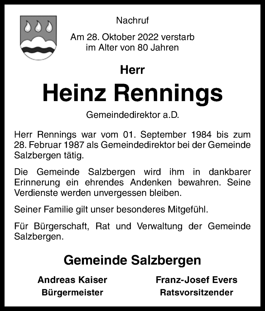  Traueranzeige für Heinz Rennings vom 07.12.2022 aus Neue Osnabrücker Zeitung GmbH & Co. KG