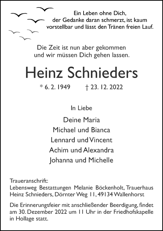 Traueranzeige von Heinz Schnieders von Neue Osnabrücker Zeitung GmbH & Co. KG