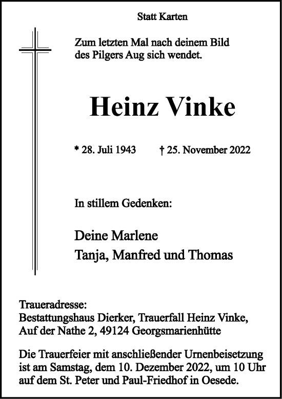 Traueranzeige von Heinz Vinke von Neue Osnabrücker Zeitung GmbH & Co. KG