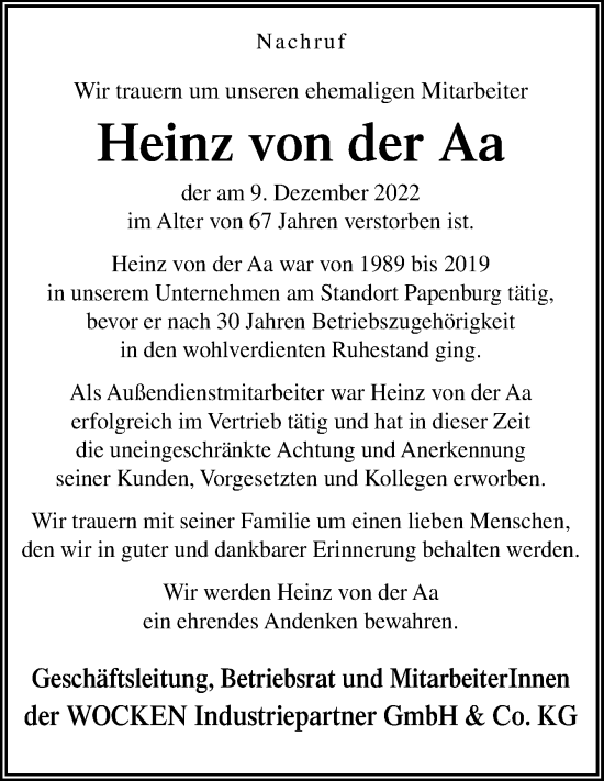 Traueranzeige von Heinz von der Aa von Neue Osnabrücker Zeitung GmbH & Co. KG