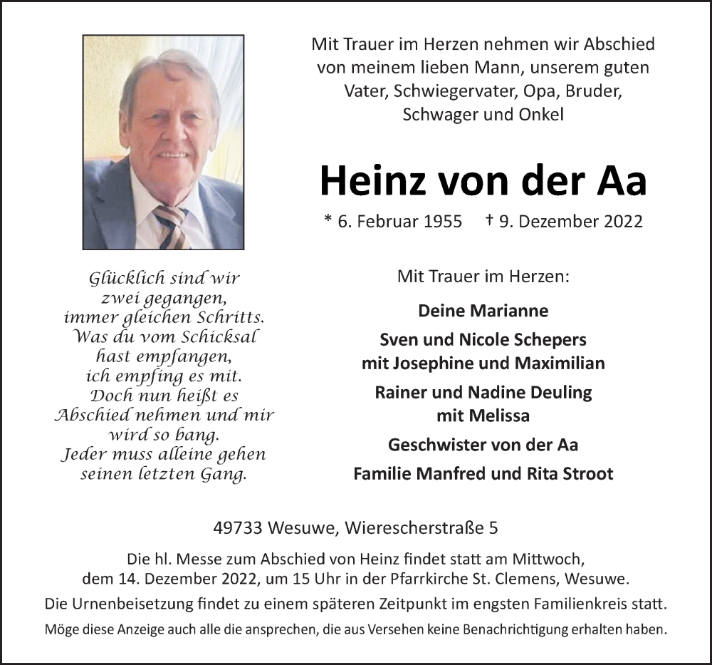  Traueranzeige für Heinz von der Aa vom 12.12.2022 aus Neue Osnabrücker Zeitung GmbH & Co. KG