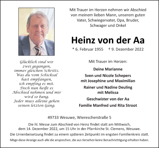 Traueranzeige von Heinz von der Aa von Neue Osnabrücker Zeitung GmbH & Co. KG