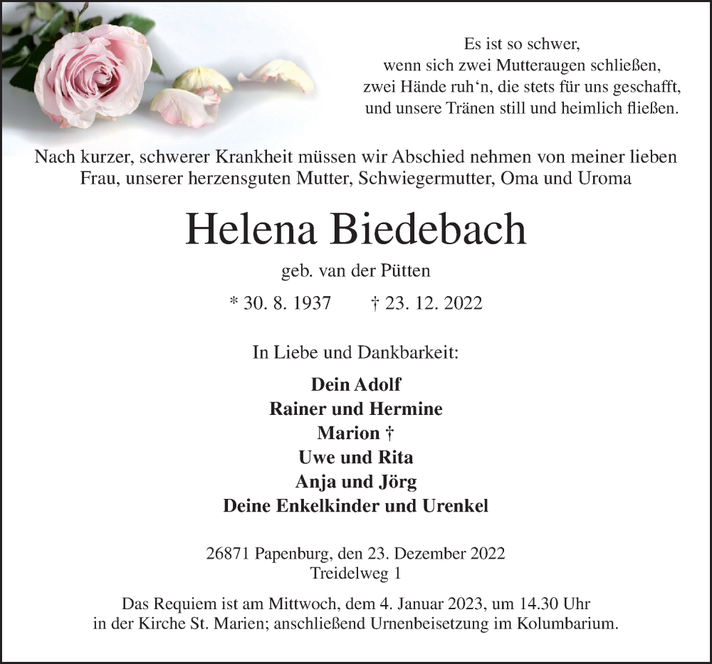  Traueranzeige für Helena Biedebach vom 28.12.2022 aus Neue Osnabrücker Zeitung GmbH & Co. KG