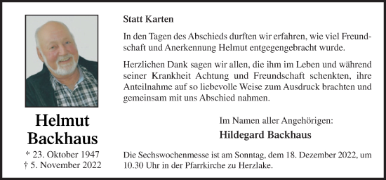 Traueranzeige von Helmut Backhaus von Neue Osnabrücker Zeitung GmbH & Co. KG