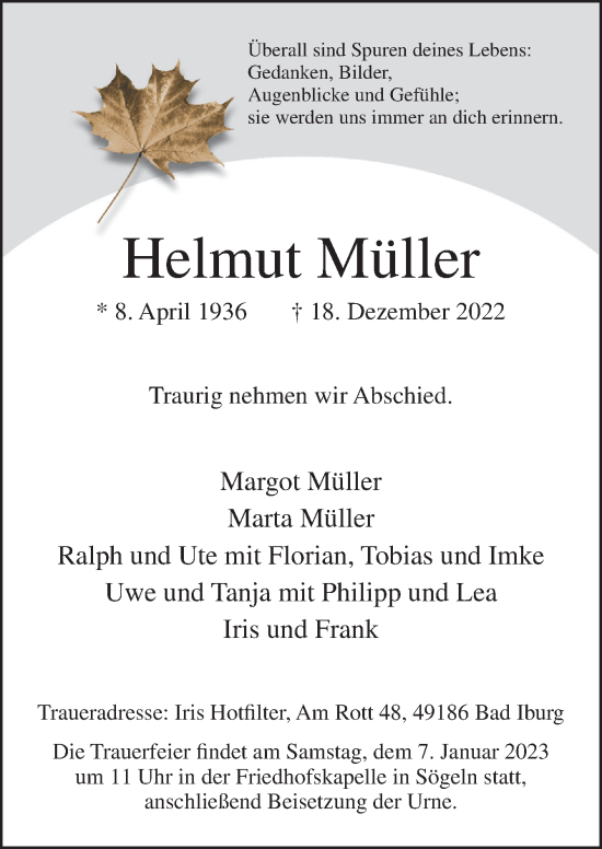 Traueranzeige von Helmut Müller von Neue Osnabrücker Zeitung GmbH & Co. KG