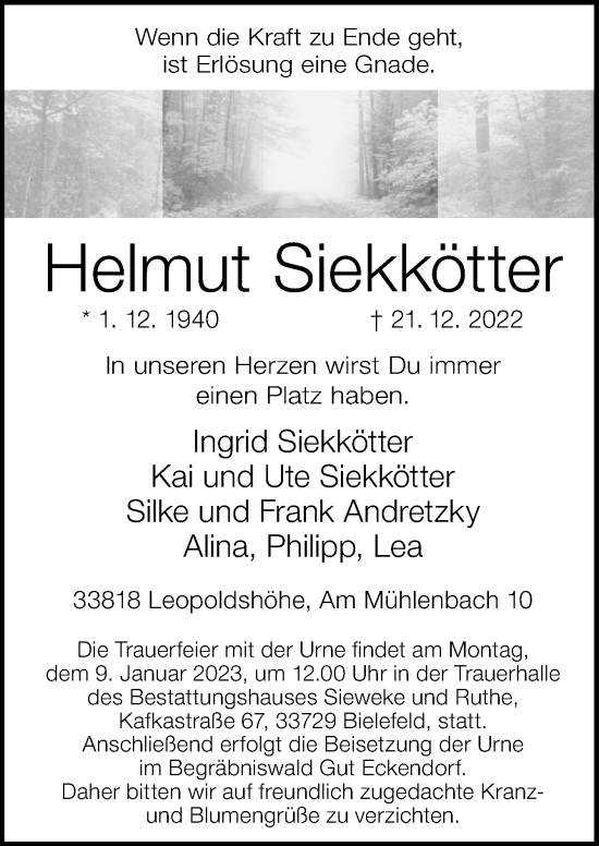 Traueranzeige von Helmut Siekkötter von Neue Osnabrücker Zeitung GmbH & Co. KG