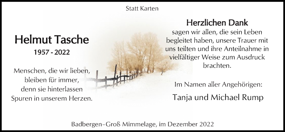  Traueranzeige für Helmut Tasche vom 29.12.2022 aus Neue Osnabrücker Zeitung GmbH & Co. KG