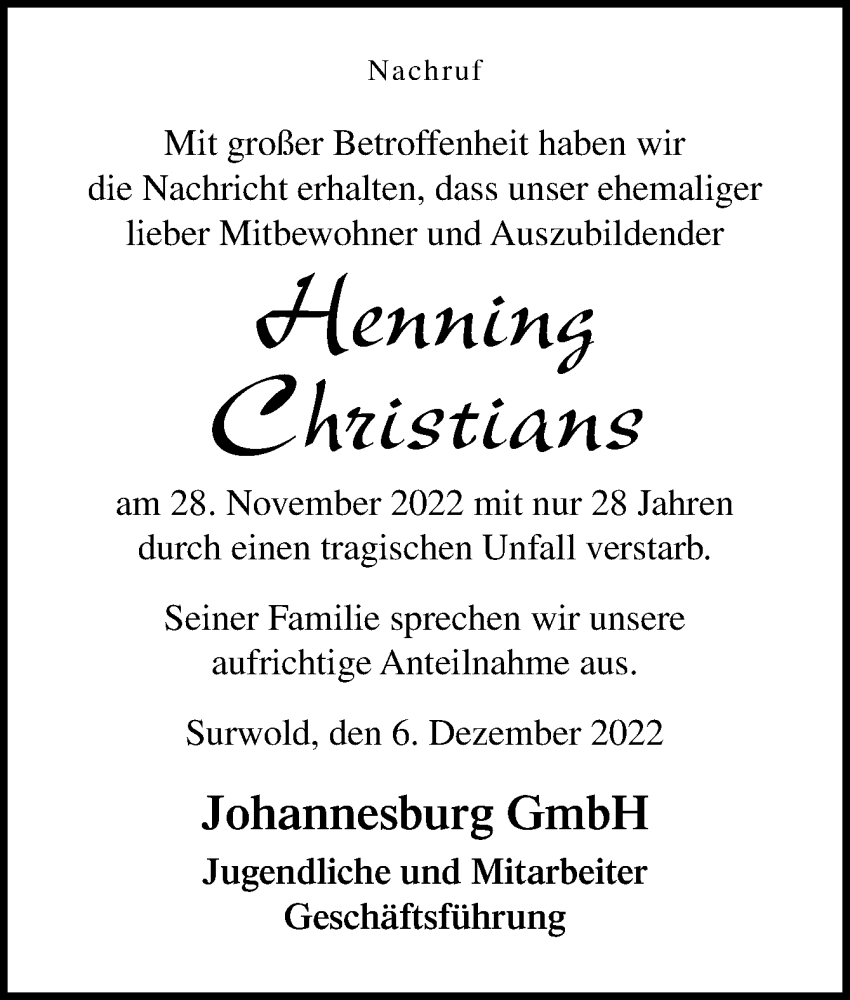  Traueranzeige für Henning Christians vom 10.12.2022 aus Neue Osnabrücker Zeitung GmbH & Co. KG