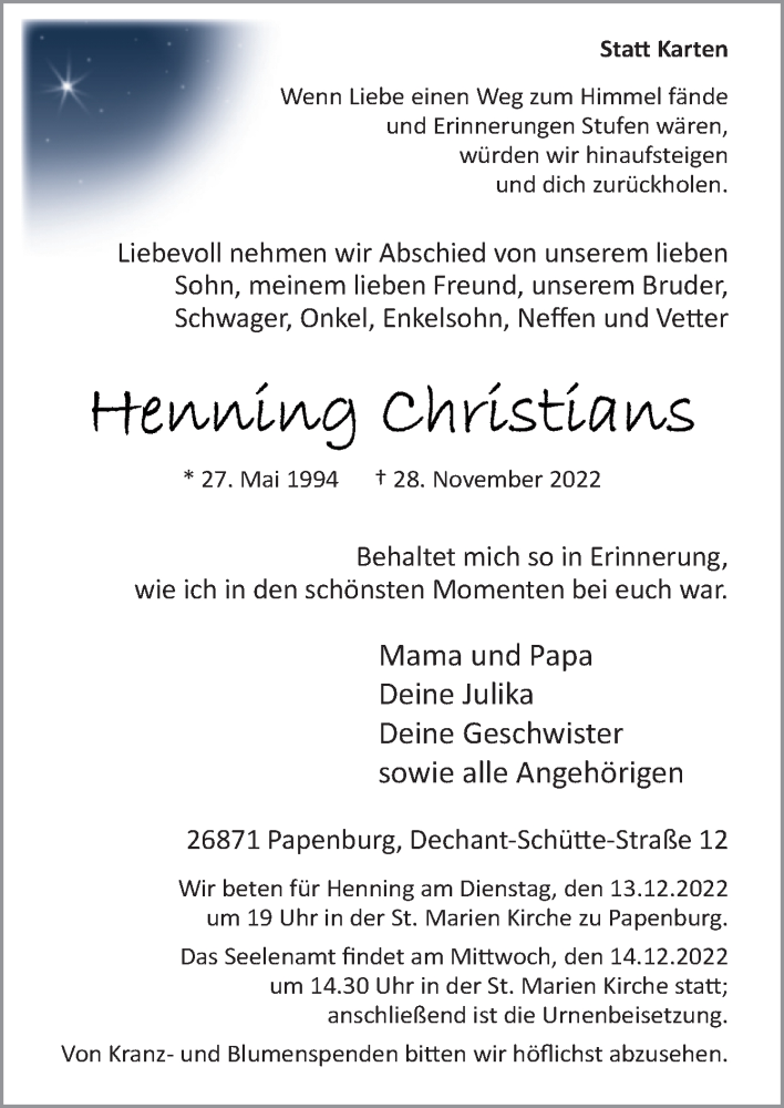  Traueranzeige für Henning Christians vom 03.12.2022 aus Neue Osnabrücker Zeitung GmbH & Co. KG