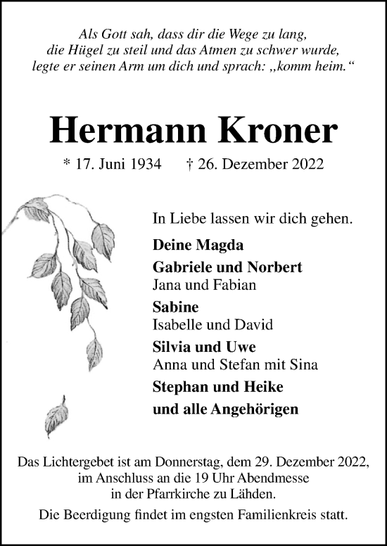 Traueranzeige von Hermann Kroner von Neue Osnabrücker Zeitung GmbH & Co. KG