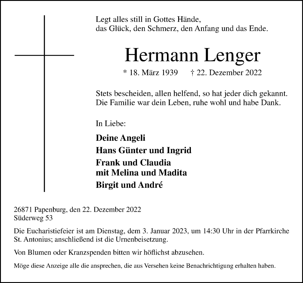  Traueranzeige für Hermann Lenger vom 28.12.2022 aus Neue Osnabrücker Zeitung GmbH & Co. KG