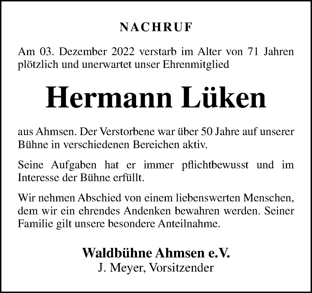  Traueranzeige für Hermann Lüken vom 08.12.2022 aus Neue Osnabrücker Zeitung GmbH & Co. KG