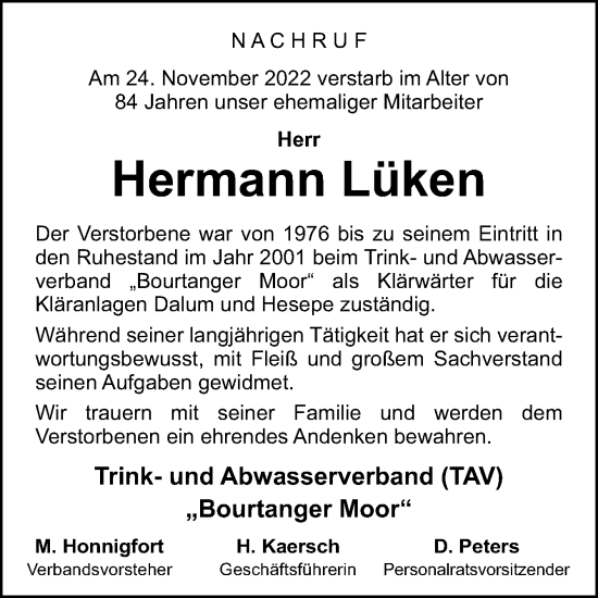 Traueranzeige von Hermann Lüken von Neue Osnabrücker Zeitung GmbH & Co. KG