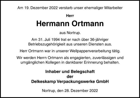 Traueranzeige von Hermann Ortmann von Neue Osnabrücker Zeitung GmbH & Co. KG