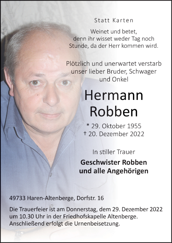 Traueranzeige von Hermann Robben von Neue Osnabrücker Zeitung GmbH & Co. KG
