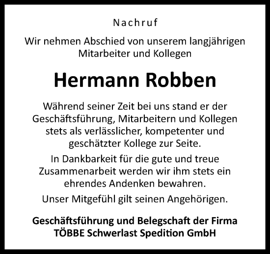 Traueranzeige von Hermann Robben von Neue Osnabrücker Zeitung GmbH & Co. KG